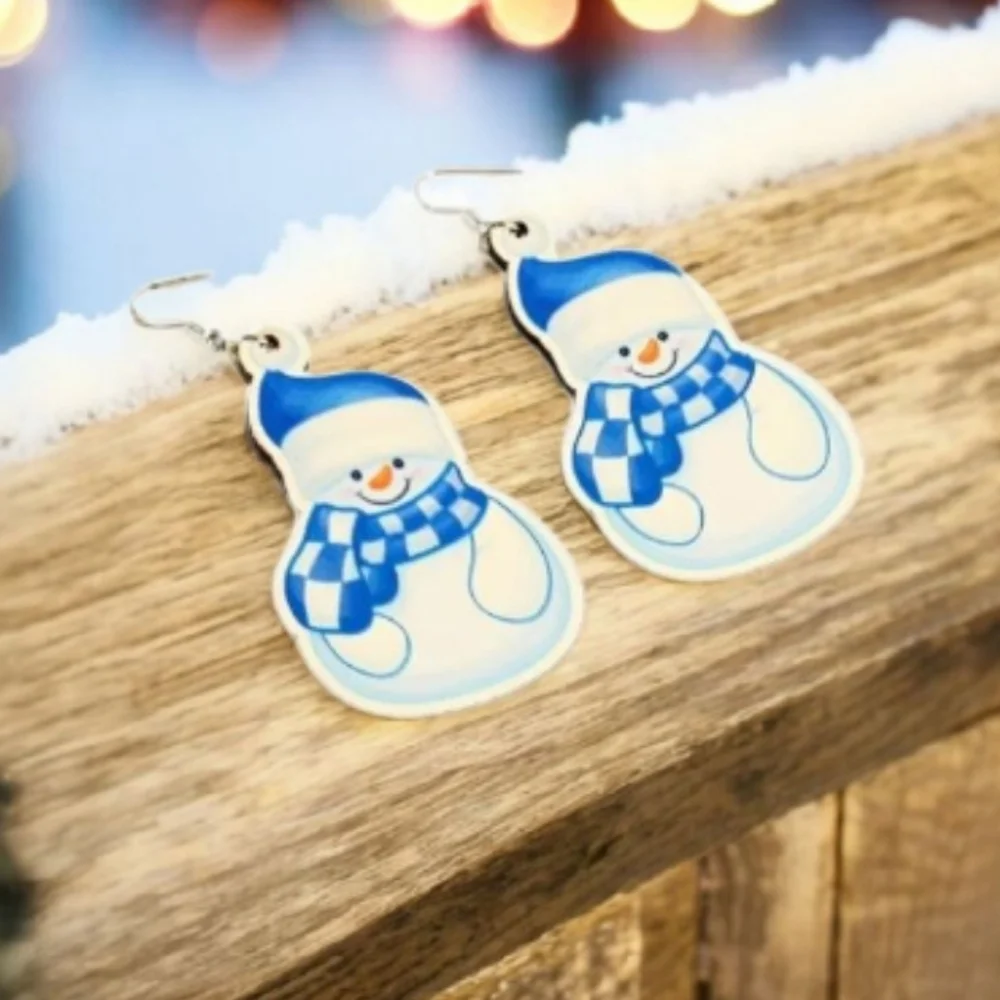 Wood Dangle Drop‎ Christmas Winter Frosty the Snowman Earrings with Blue Accents